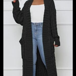 Plain Cable Knit Pockets Open Cardigan